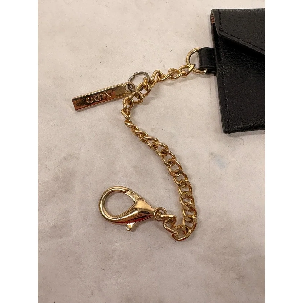 Aldo Black Pebbled Faux Leather Envelope Card Holder Wallet with Gold Chain Clip